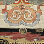 Close-up of the Cloudscape Garden Hand Tufted Rug, an exquisite area rug featuring intricate abstract designs in warm earthy tones. Ideal for dining room settings, this wool rug adds a touch of elegance with its artistic floral patterns and swirling motifs.