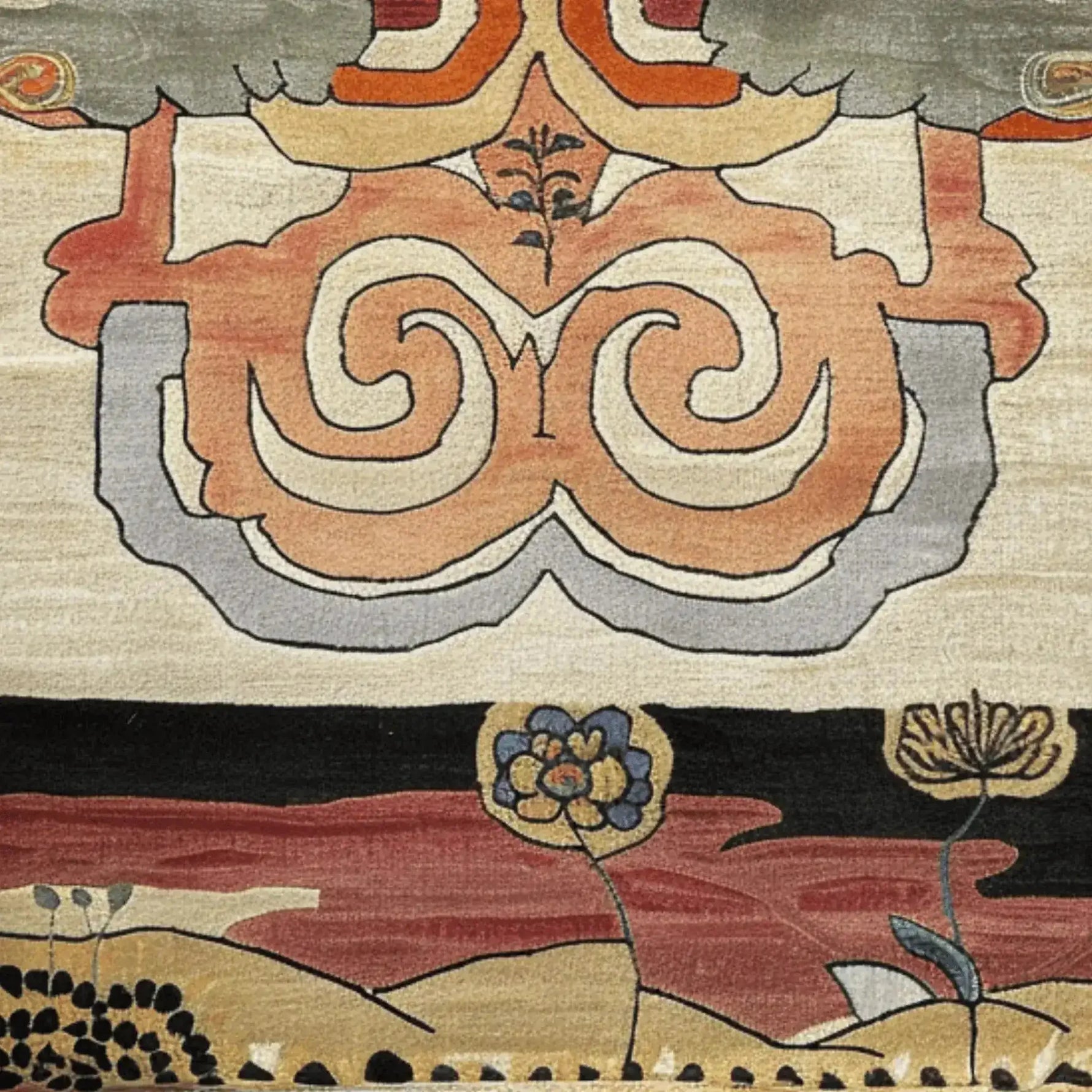 Close-up of the Cloudscape Garden Hand Tufted Rug, an exquisite area rug featuring intricate abstract designs in warm earthy tones. Ideal for dining room settings, this wool rug adds a touch of elegance with its artistic floral patterns and swirling motifs.