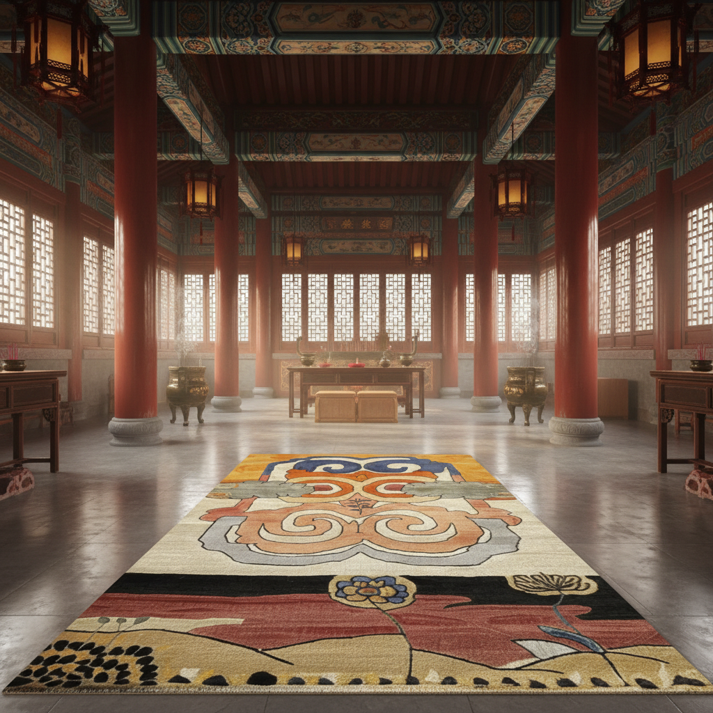 Cloudscape Garden rug with swirling clouds and lotus motifs in a grand red-pillared traditional hall