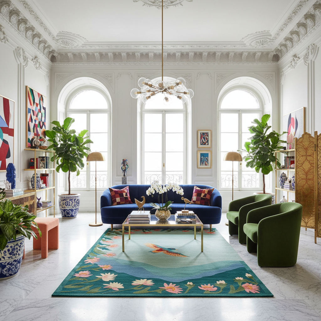 Modern living room with a blue sofa, green chairs, and a colorful rug.