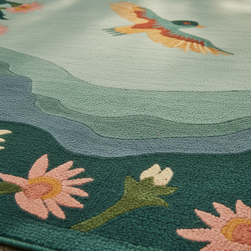 Close-up of a rug with floral and bird designs.