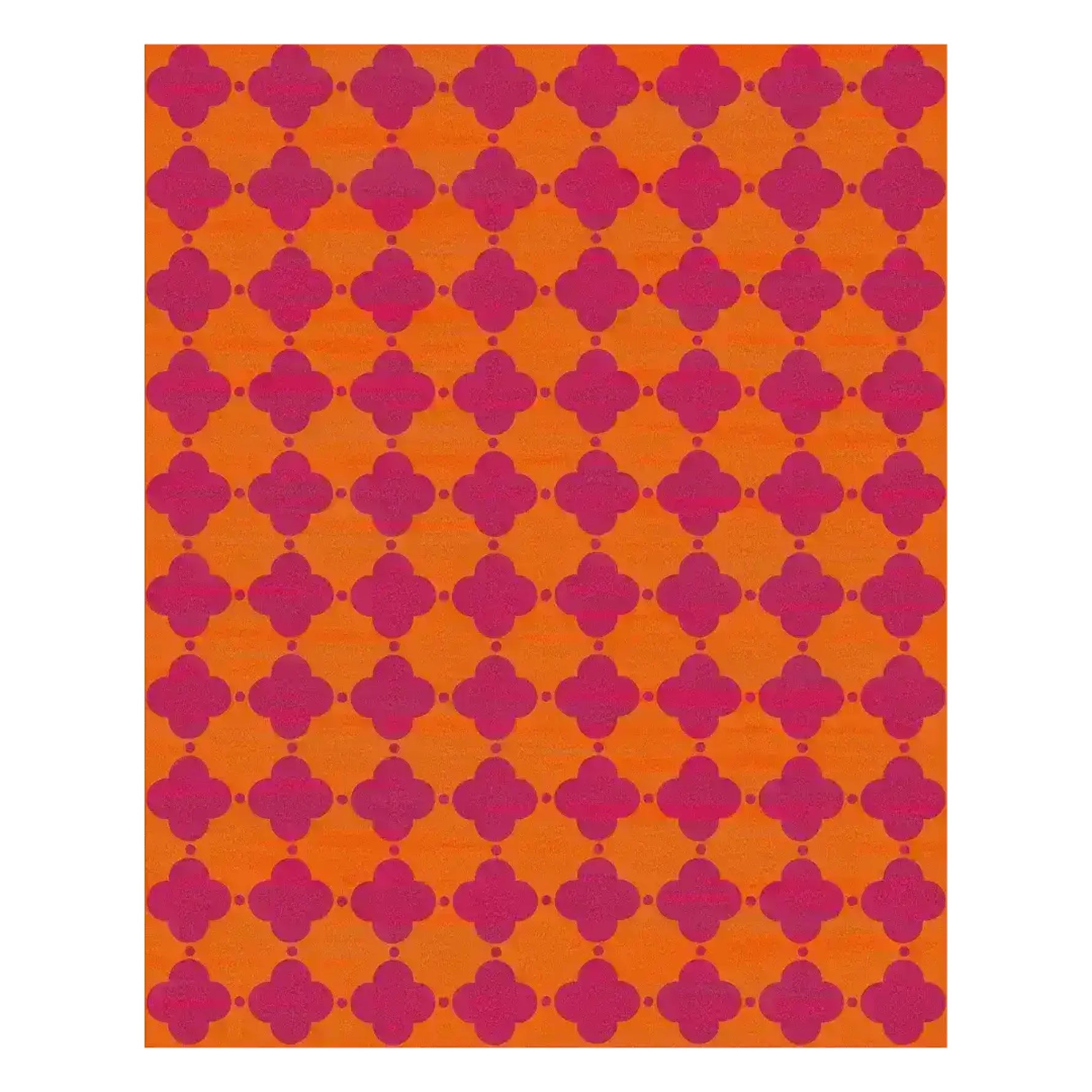 Experience the vibrant charm of the Clovers Hand Tufted Rug, an 8 x 10 ft area rug perfect for your living room. This wool rug features a striking pattern of bold purple clovers against a bright orange background, adding a lively touch to any space.