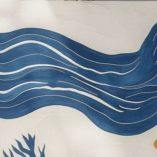 Close-up of the Coastal Calm Hand Tufted Wool Area Rug featuring a wave-like blue abstract design on a light background.