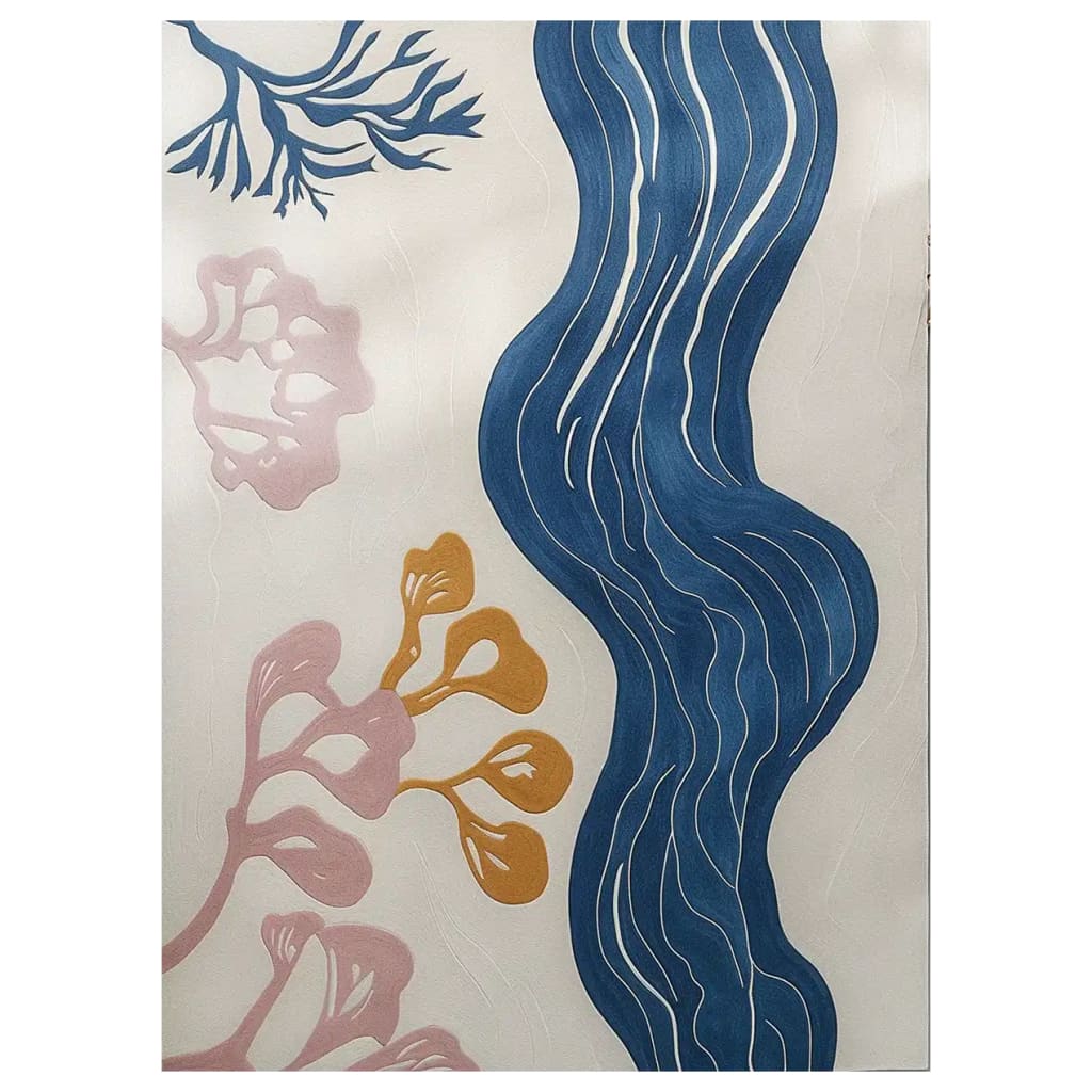 The Coastal Calm Hand Tufted Wool Rug features an abstract coastal design with blue, pink, and mustard seaweed patterns on a neutral background. This area rug brings a serene ocean vibe to any room.