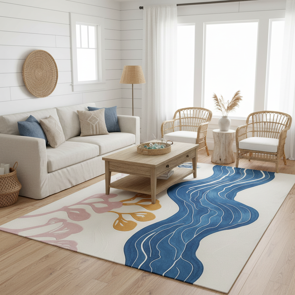 Living room with a colorful rug, white sofa, and wooden coffee table.