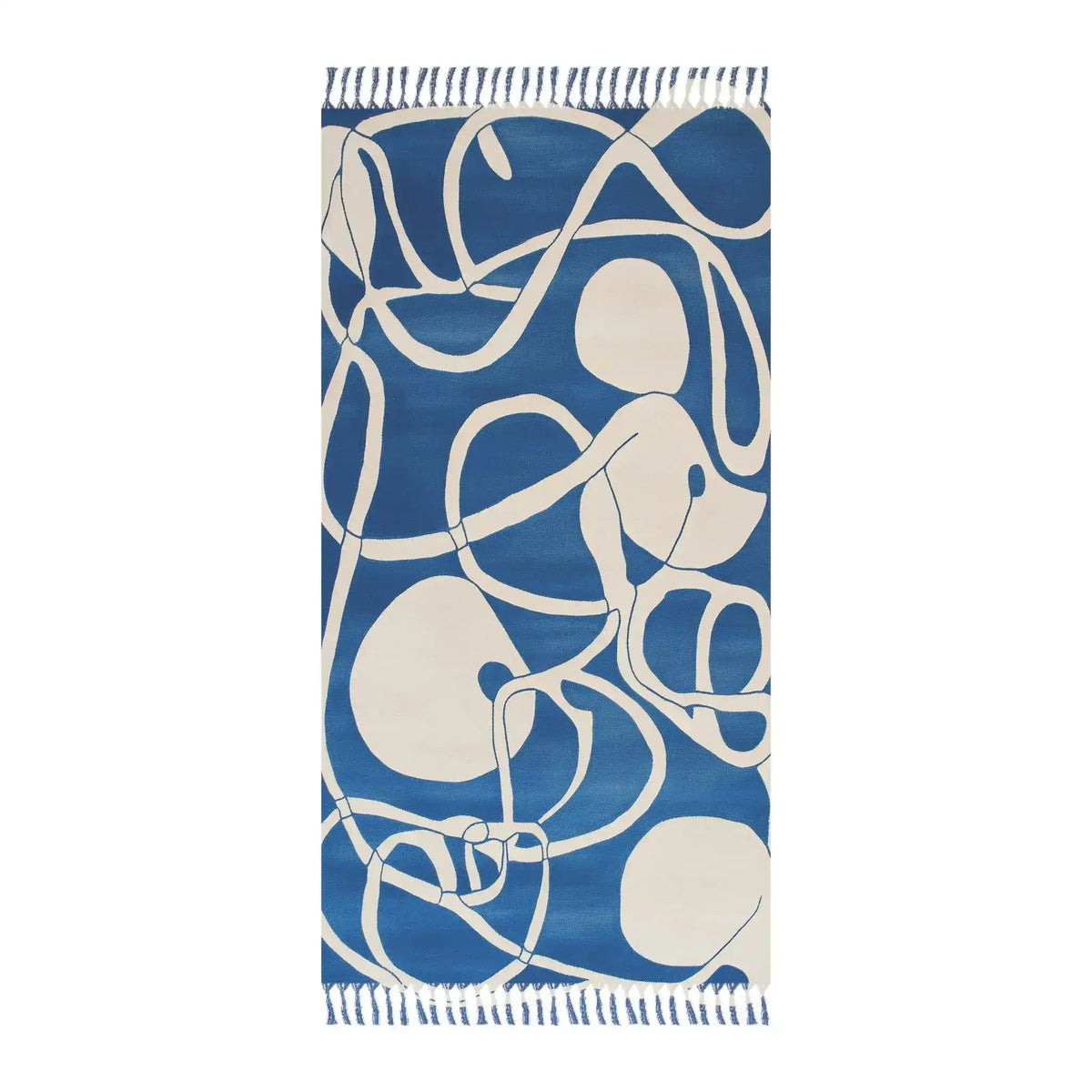 Coastal Waves Abstract Blue and White Beach Towel navy blue with cream abstract swirling lines oval shapes fringed ends