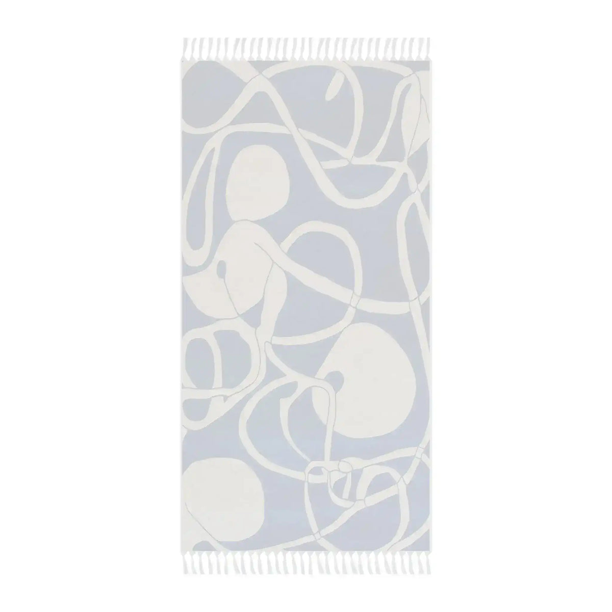 Coastal Waves Abstract Blue and White Beach Towel pale grey-blue reverse side swirling lines oval shapes fringe
