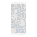 Coastal Waves Abstract Blue and White Beach Towel pale grey-blue reverse side swirling lines oval shapes fringe