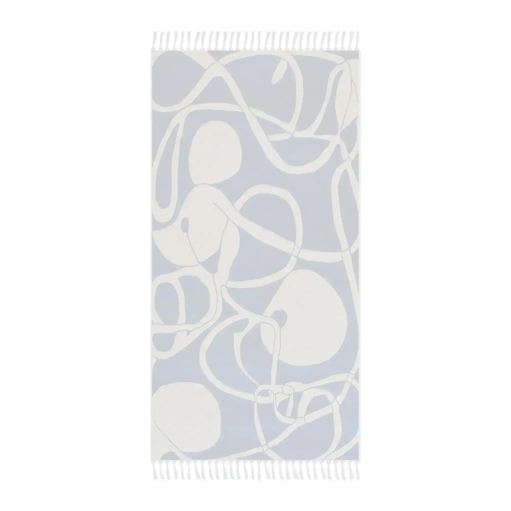 Coastal Waves Abstract Blue and White Beach Towel pale grey-blue reverse side swirling lines oval shapes fringe