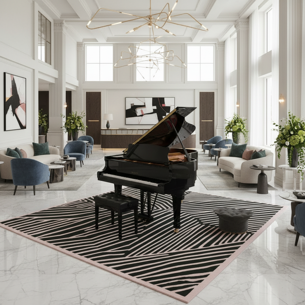 Grand piano in a stylish living room with modern rug and decor