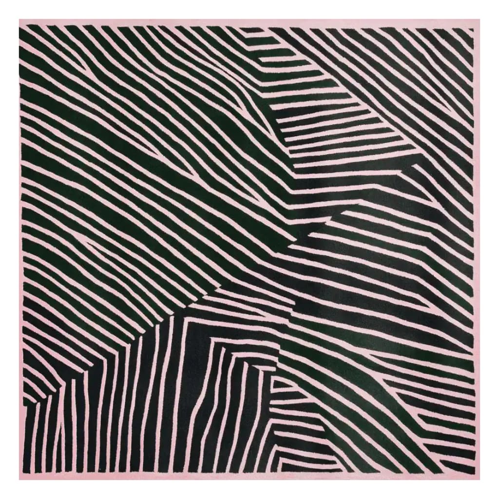 A contemporary hand-tufted wool area rug featuring an abstract striped pattern in black and white. This square area rug is perfect for adding a modern touch to living room spaces.