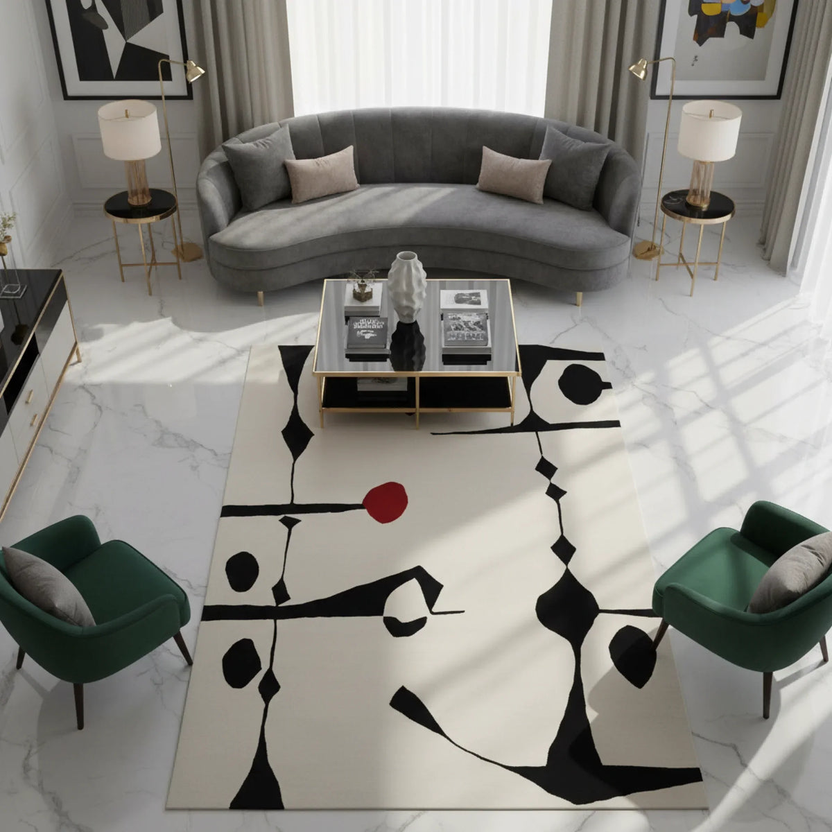 Modern living room with a gray sofa, green chairs, and a black and white abstract rug.