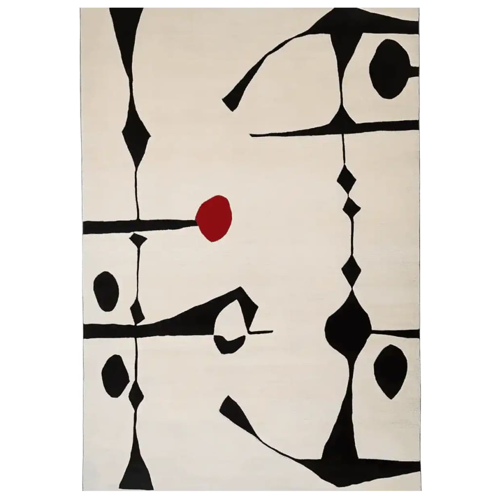 Top Down Verticle view of Abstract art piece inspired Hand Tufted Wool Rug with black shapes and a red dot on a beige background