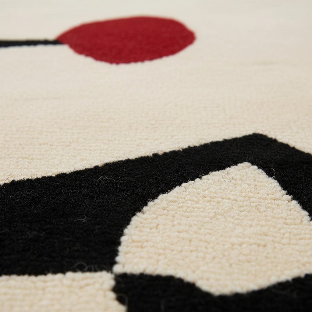 Close-up of a geometric patterned rug with red, black, and white colors.