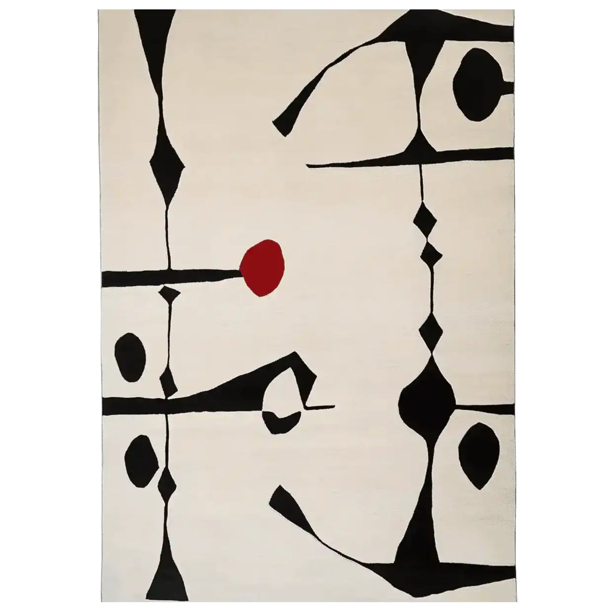 Top Down Verticle view of Abstract art piece inspired Hand Tufted Wool Rug with black shapes and a red dot on a beige background