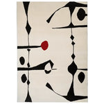 Top Down Verticle view of Abstract art piece inspired Hand Tufted Wool Rug with black shapes and a red dot on a beige background