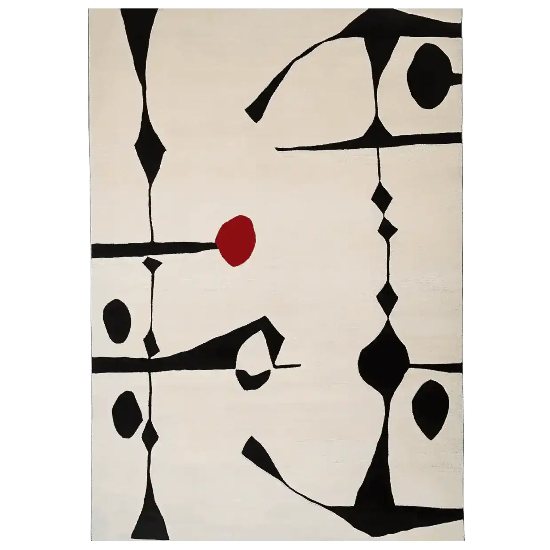 Top Down Verticle view of Abstract art piece inspired Hand Tufted Wool Rug with black shapes and a red dot on a beige background