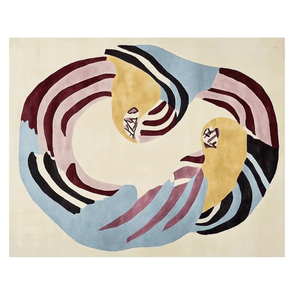 Top view of the Coiled Chaos Pair Hand Tufted Rug, showcasing an abstract design with swirling patterns in rich shades of burgundy, blue, and mustard on a cream background. This contemporary area rug is perfect for large living rooms, measuring 8x10, and made from high-quality wool.