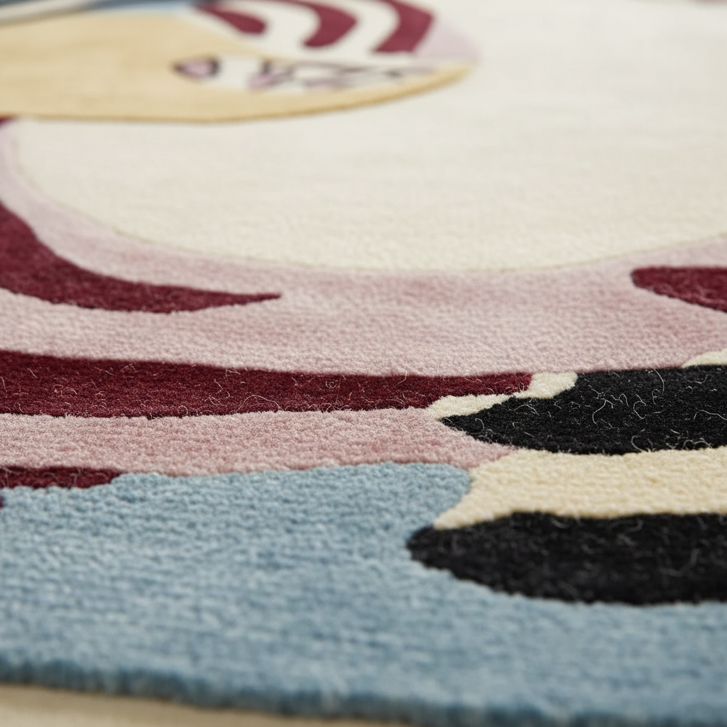 Close-up of a colorful rug with abstract patterns