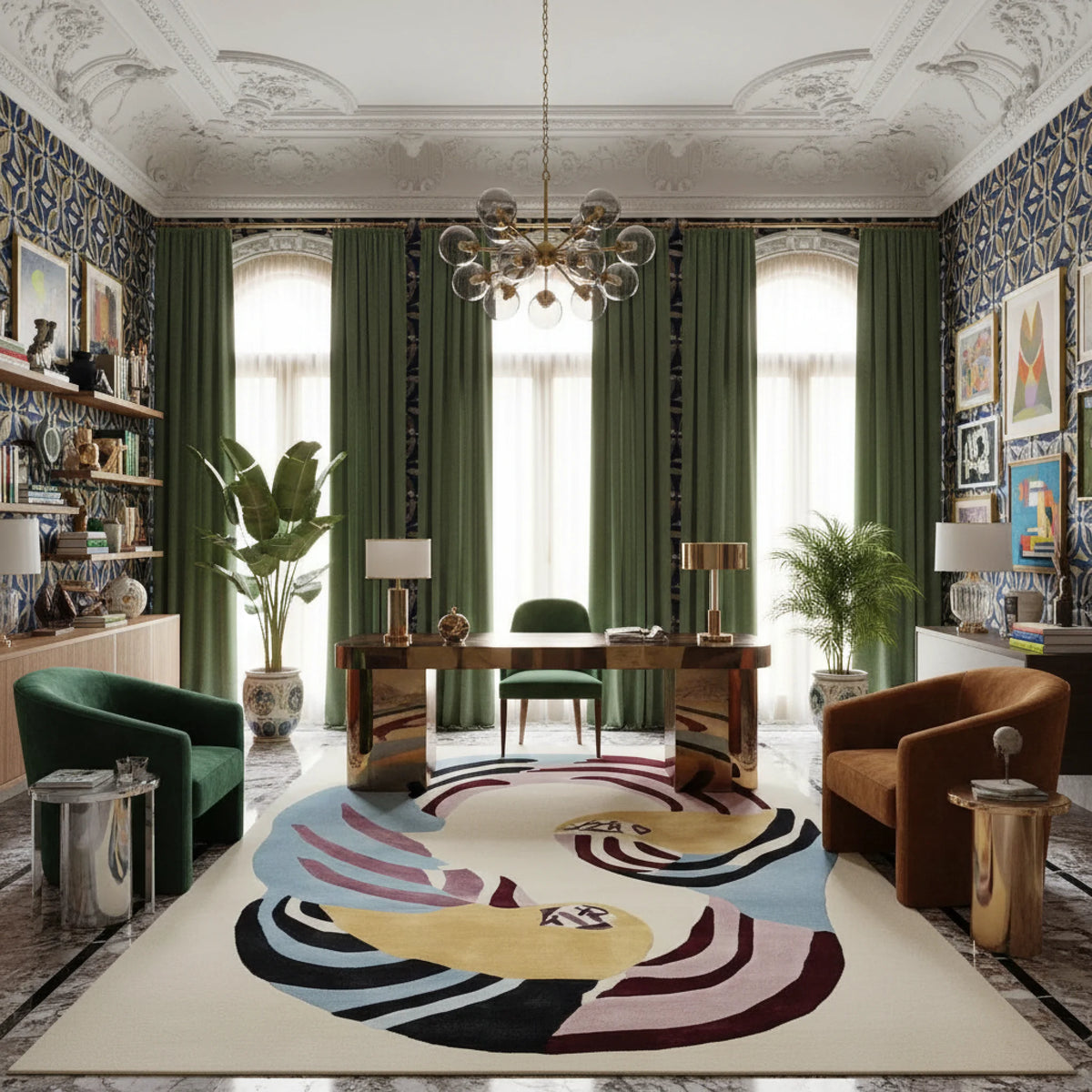Decorative living room with a colorful rug, green chairs, and patterned walls.