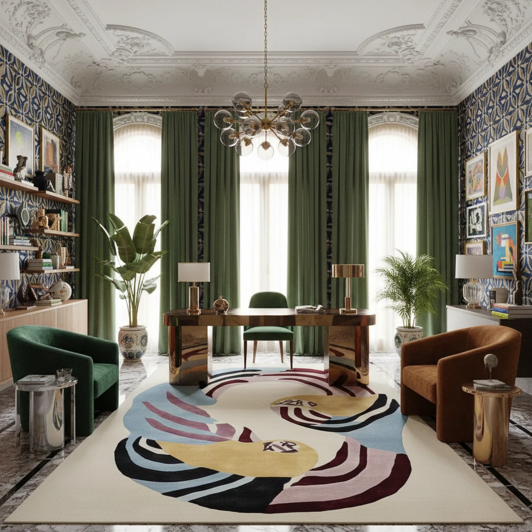 Decorative living room with a colorful rug, green chairs, and patterned walls.