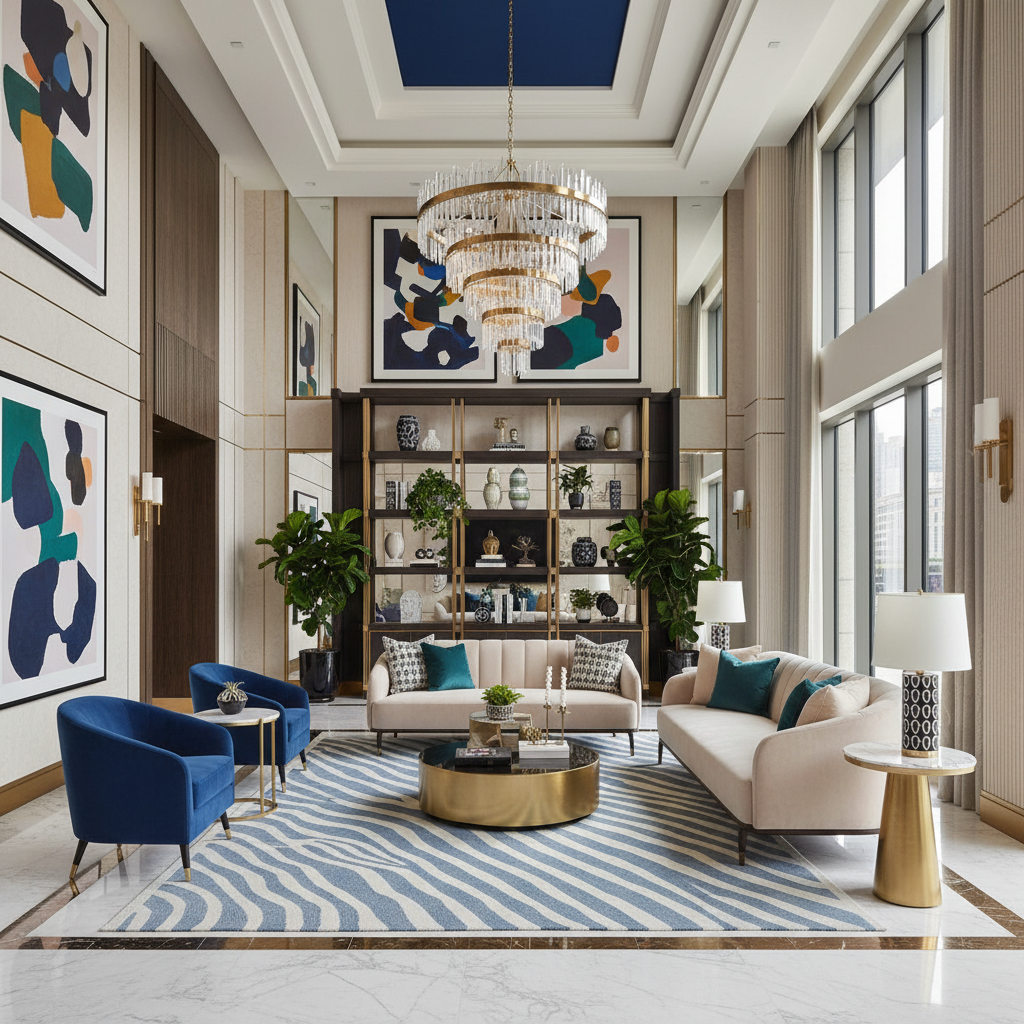 Modern living room with blue and beige furniture, a chandelier, and large windows.
