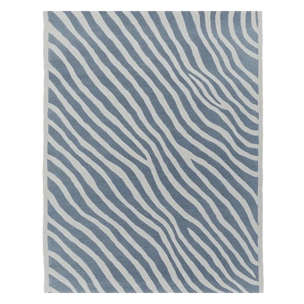 Top view of a contemporary area rug featuring a striking abstract pattern in shades of blue and white, perfect for adding a modern touch to living rooms. This hand tufted wool rug, sized 8x10, is ideal for those seeking stylish area rugs for living room spaces.