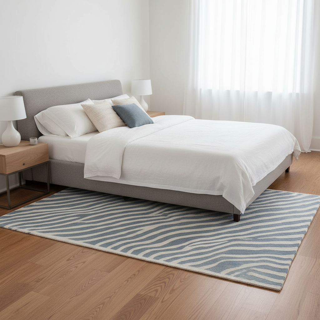 Bedroom with a neatly made bed, striped rug, and wooden side table.