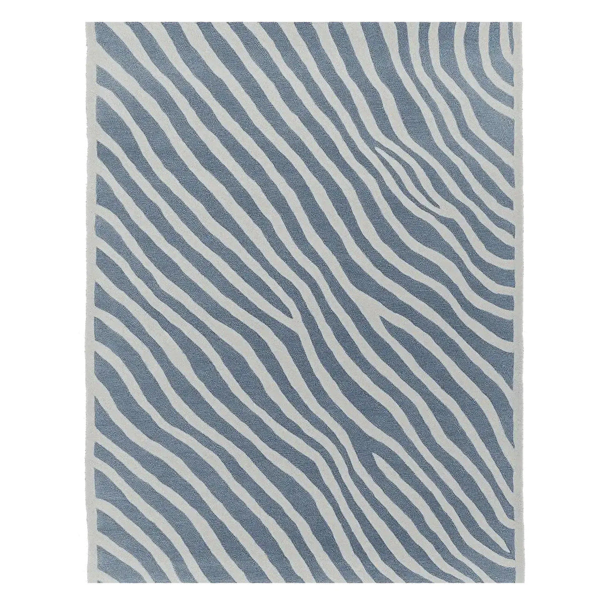 Top view of a contemporary area rug featuring a striking abstract pattern in shades of blue and white, perfect for adding a modern touch to living rooms. This hand tufted wool rug, sized 8x10, is ideal for those seeking stylish area rugs for living room spaces.