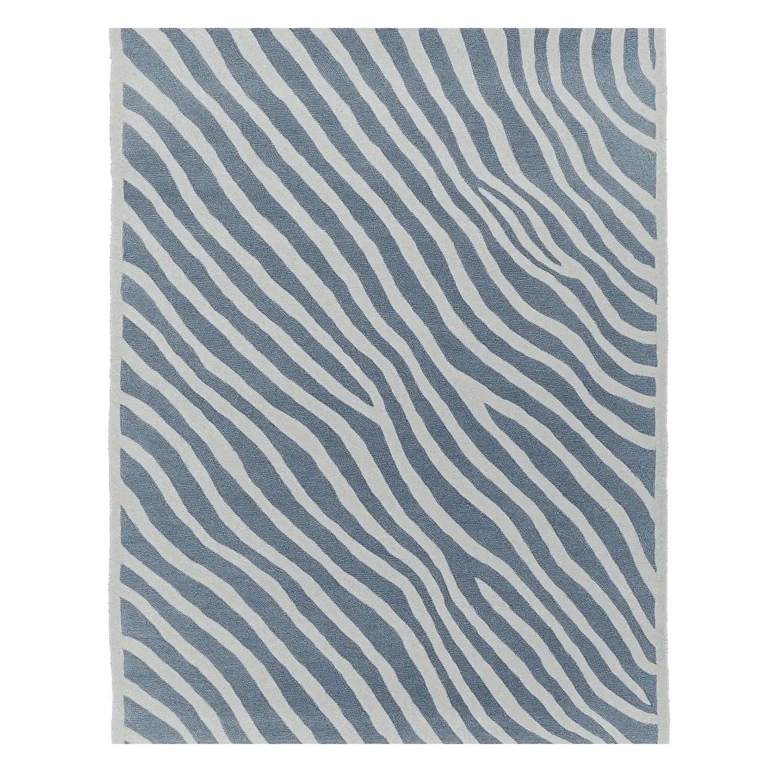 Top view of a contemporary area rug featuring a striking abstract pattern in shades of blue and white, perfect for adding a modern touch to living rooms. This hand tufted wool rug, sized 8x10, is ideal for those seeking stylish area rugs for living room spaces.