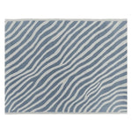 Top view of the Collision of Silent Noise hand-tufted area rug, featuring an abstract zebra stripe pattern in blue and white. This contemporary wool rug is perfect for adding a modern touch to any living room space, ideally sized for 8x10 layouts.
