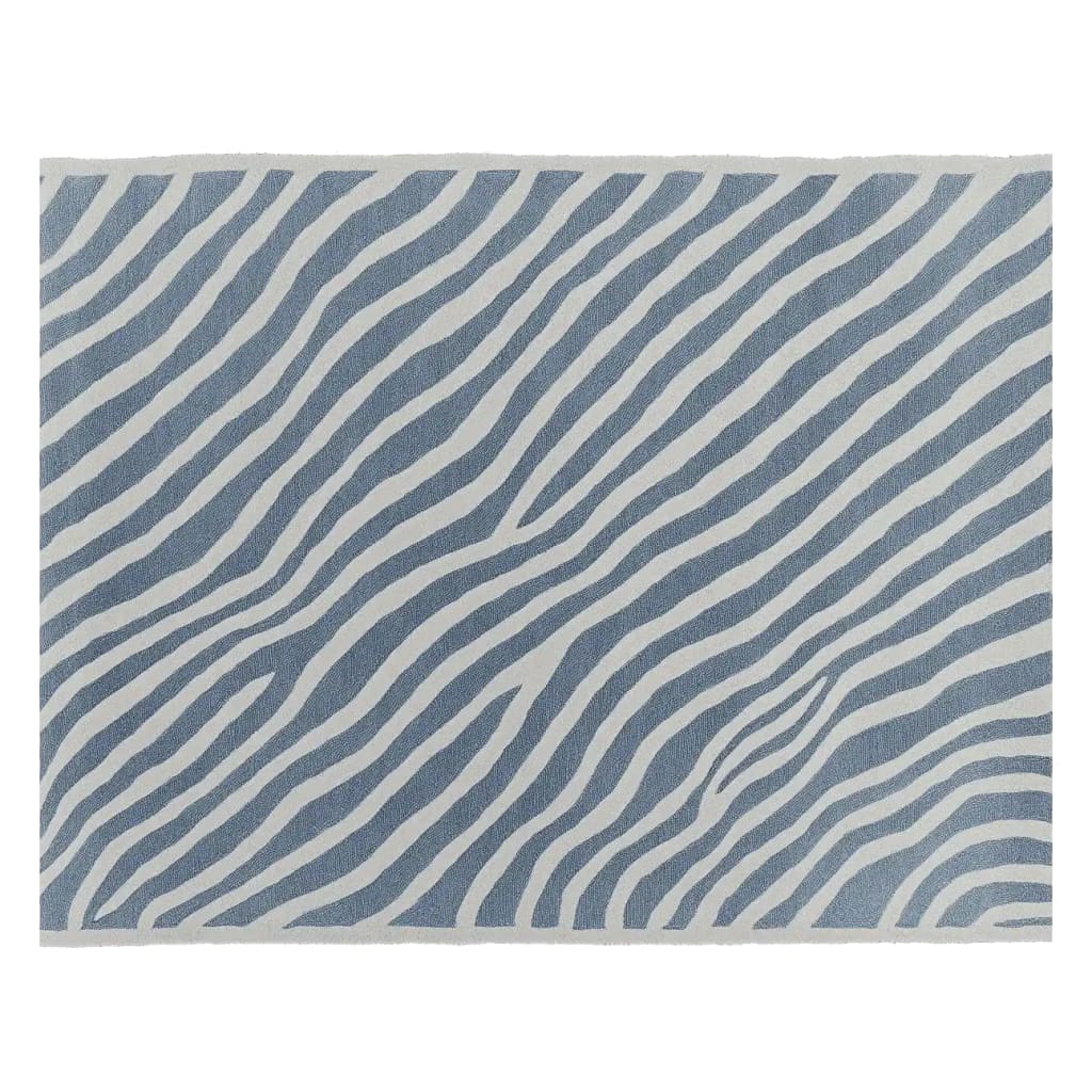 Top view of the Collision of Silent Noise hand-tufted area rug, featuring an abstract zebra stripe pattern in blue and white. This contemporary wool rug is perfect for adding a modern touch to any living room space, ideally sized for 8x10 layouts.