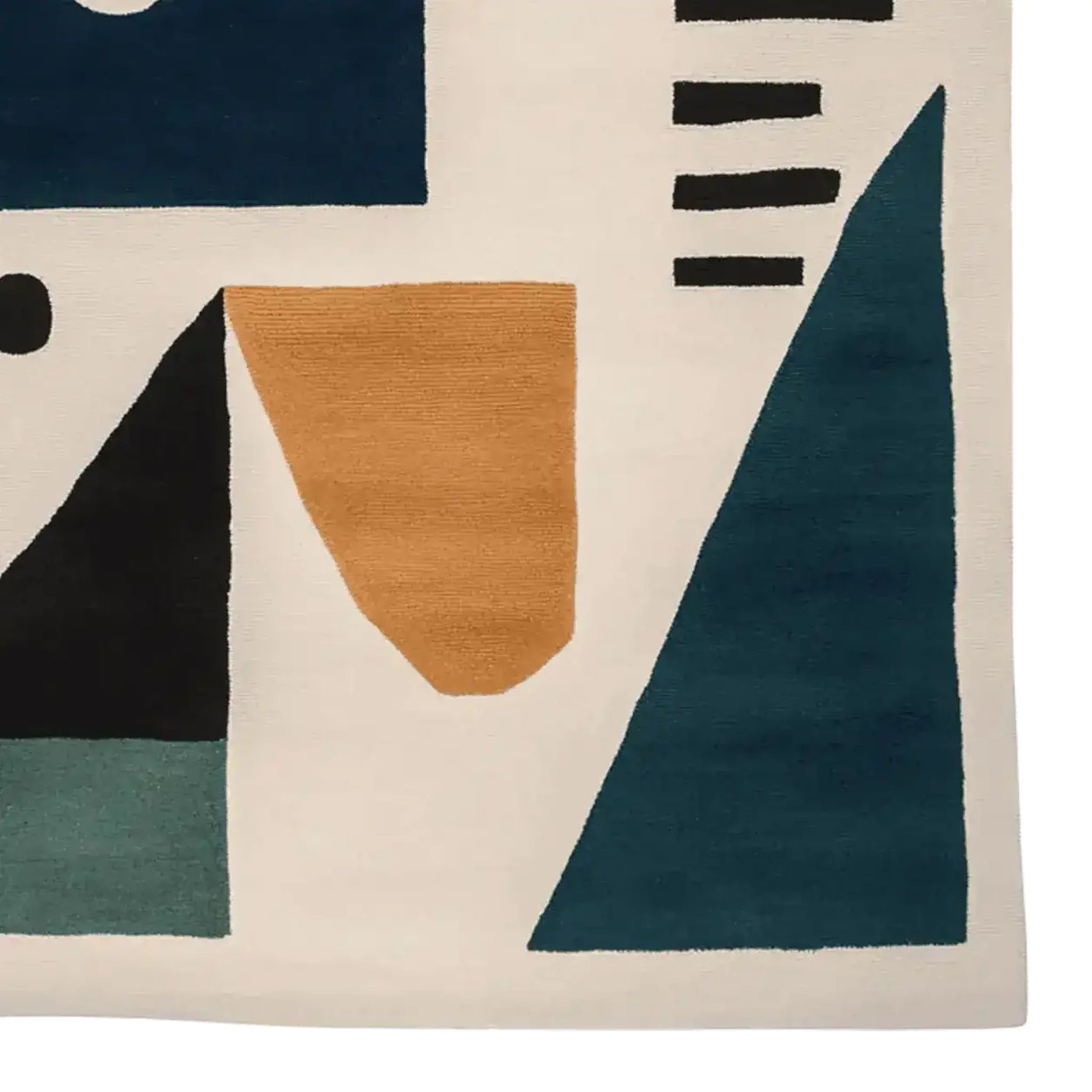 This contemporary area rug features a bold and modern design with geometric shapes in vibrant blue, mustard, and black tones on a neutral background. Perfect for adding a stylish touch to any living room, this wool rug is hand-tufted for a luxurious feel.