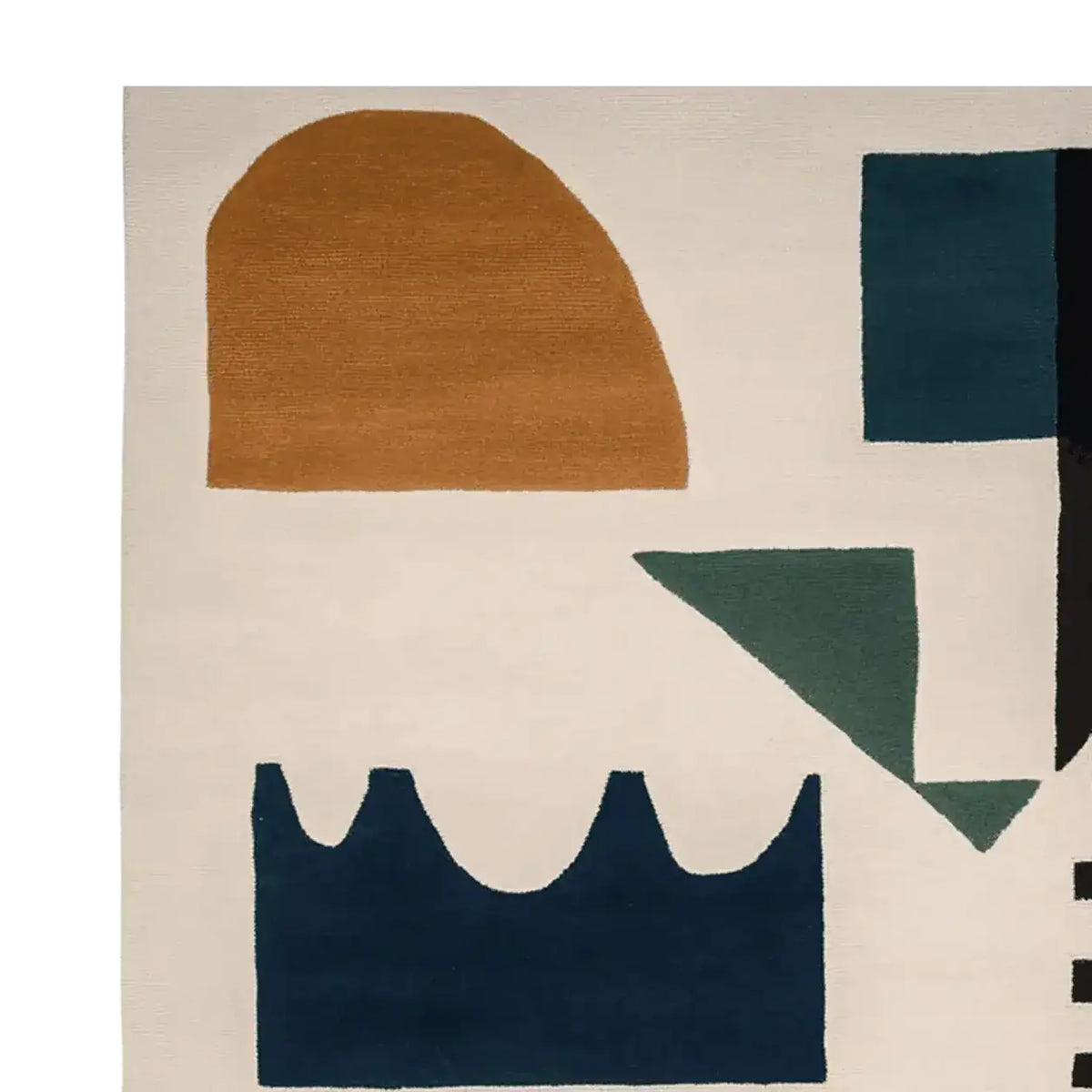 Contemporary area rug with a color block design, featuring abstract shapes in earthy tones and deep blues, perfect for adding a modern touch to your living room. This hand-tufted wool rug combines style and comfort, making it an ideal choice for any home decor.