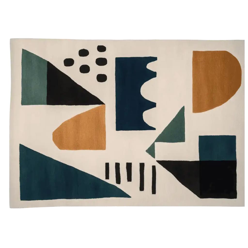 A contemporary area rug featuring an abstract pattern with bold geometric shapes in earthy tones of teal, mustard, and black on a cream background. This wool rug is perfect for adding a modern touch to your living room decor.
