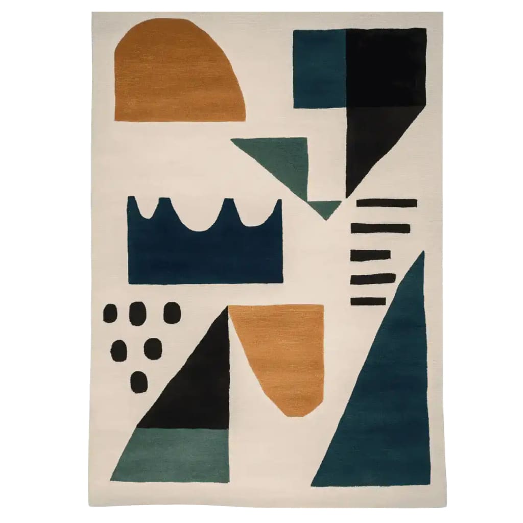 A modern area rug featuring a bold color block design with geometric shapes in earthy tones. This contemporary rug is hand-tufted from wool, making it an ideal choice for adding style to your living room.