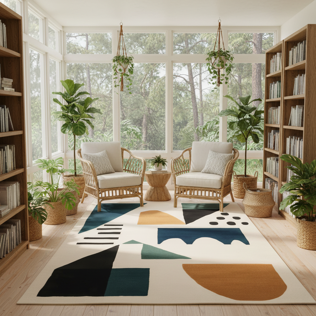boho library room with geometric rug