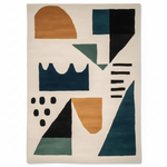 Geometric patterned rug with abstract shapes on a beige background