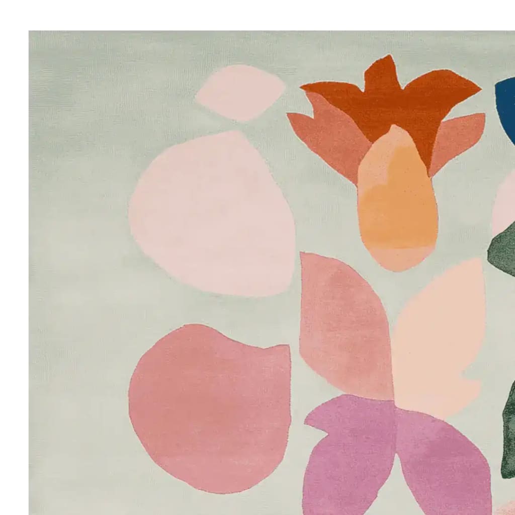 The Color Bloom Balance Hand Tufted Area Rug features a contemporary abstract design with bold, colorful shapes on a soft background. This wool rug is perfect for adding a modern touch to your living room, making it an ideal choice for those looking for stylish area rugs for their space.