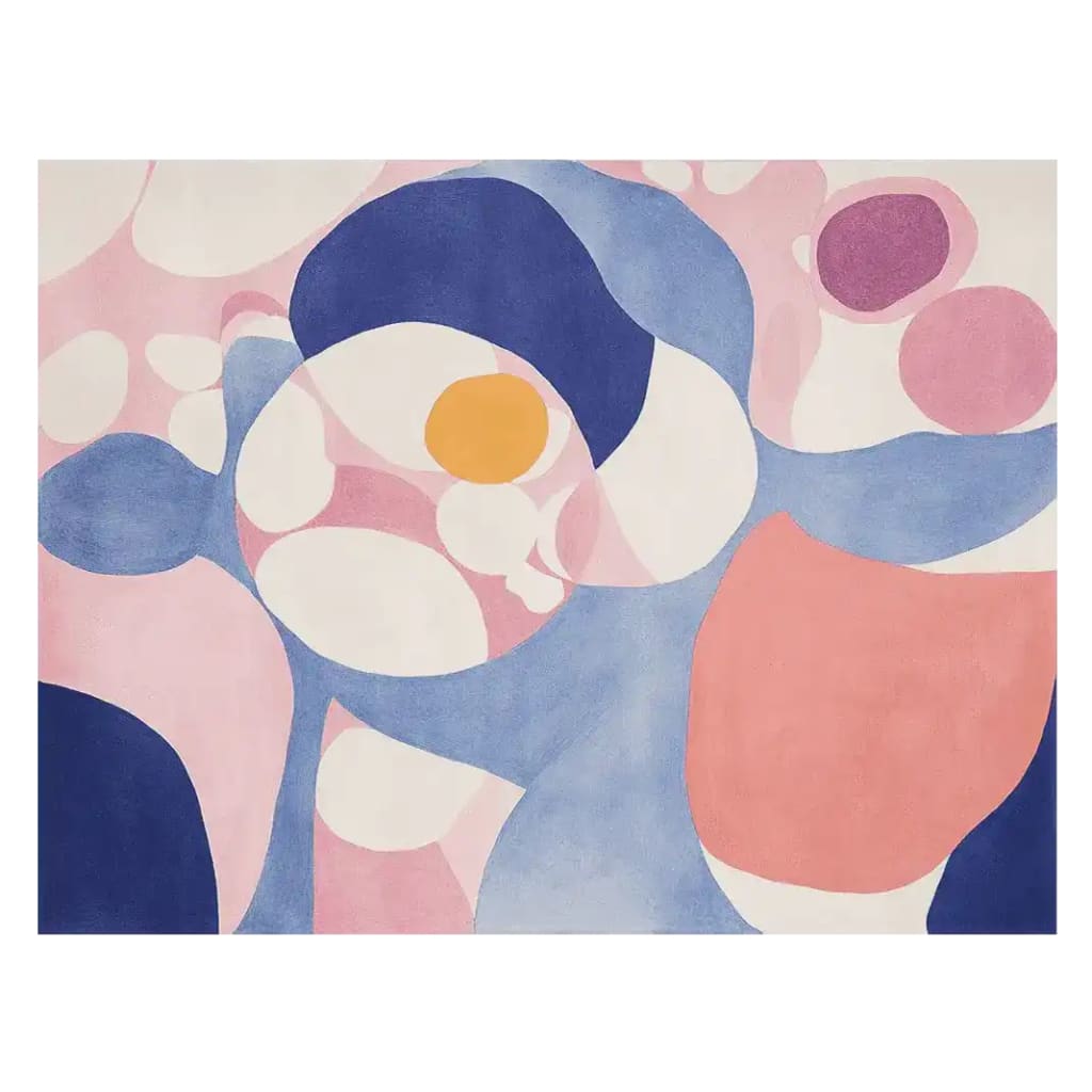 Vibrant Color Bloom Canvas Hand Tufted Rug showcasing an abstract design with bold splashes of pink, blue, and orange, perfect for adding a contemporary touch to any living room. This area rug is an ideal choice for those seeking large living room rugs made from quality wool.