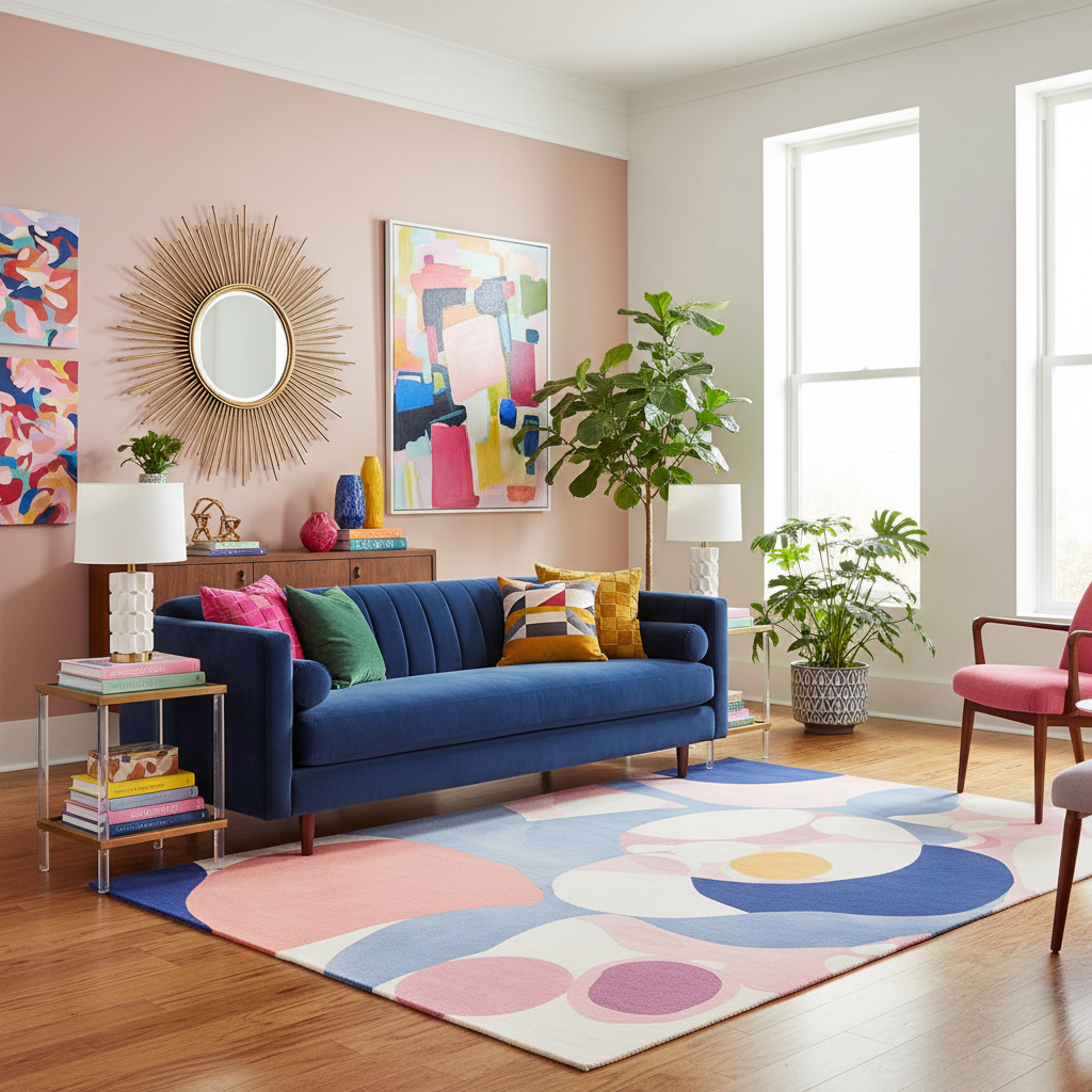 Modern living room with a blue sofa, colorful rug, and abstract art on a pink wall.