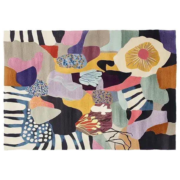 A vibrant hand tufted area rug featuring an abstract pattern with bold, colorful shapes. This contemporary rug is perfect for adding a burst of color to large living room spaces. Crafted from high-quality wool, this living room area rug combines style and comfort effortlessly.