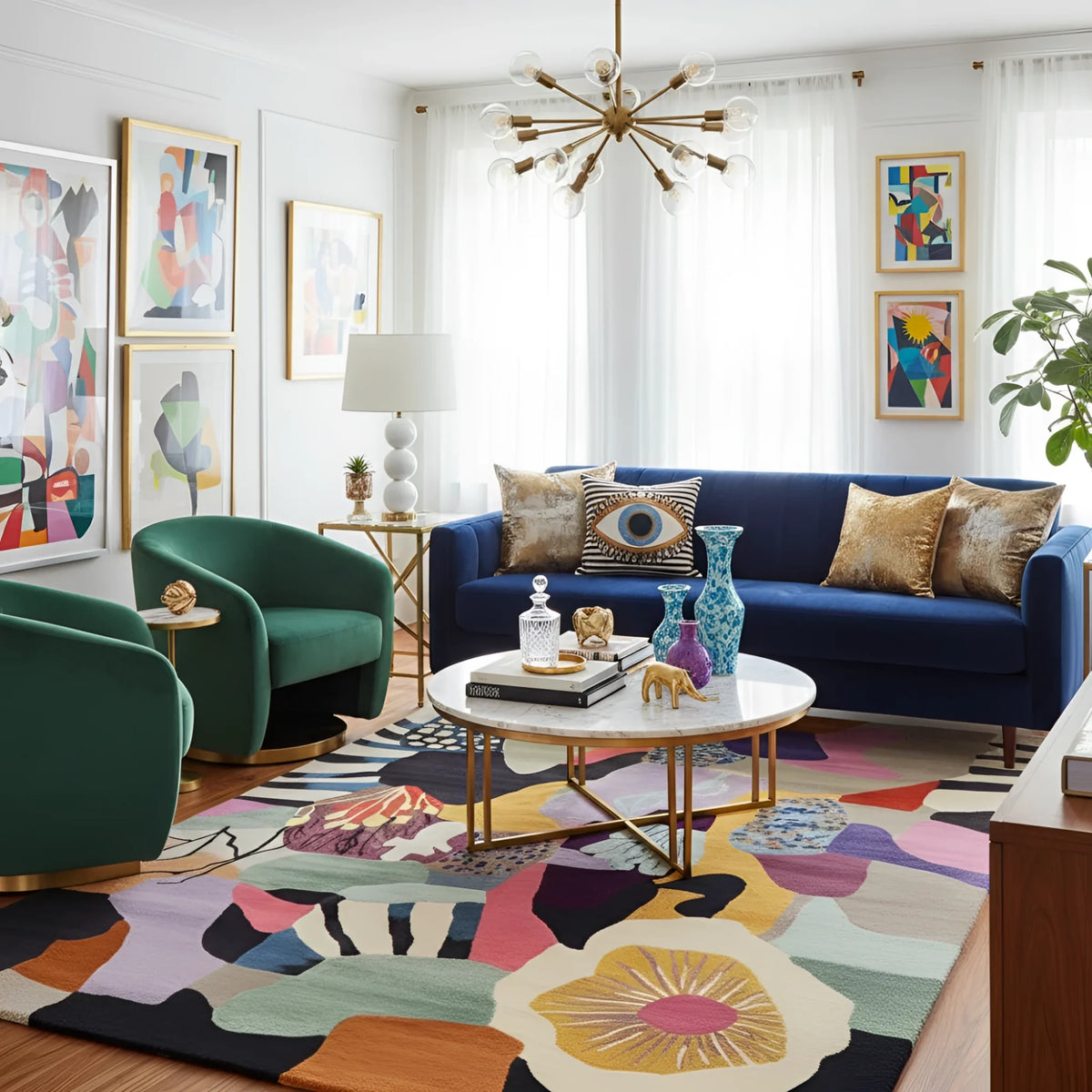 Modern living room with a blue sofa, green armchairs, and colorful rug.