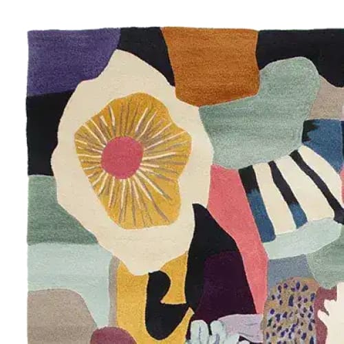 A vibrant and colorful hand-tufted area rug featuring an abstract design with bold shapes and patterns. This contemporary rug, perfect for large living room spaces, is crafted from high-quality wool, showcasing a mix of earthy and vivid tones that add a touch of creativity to any living room area.