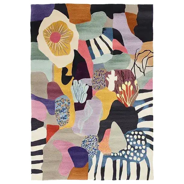 This vibrant area rug, titled 'Color Bloom Chaos Hand Tufted Rug', showcases a stunning abstract design with a mix of multicolored patterns. Perfect for adding a splash of color to large living rooms, this contemporary wool rug features intricate details and bold shapes, making it a standout piece among living room area rugs.