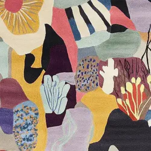 Vibrant abstract design of the Color Bloom Chaos Hand Tufted Rug, showcasing a contemporary area rug with bold colors and organic shapes. Perfect for large living room spaces, this wool rug adds a splash of artistic flair to any living room area.