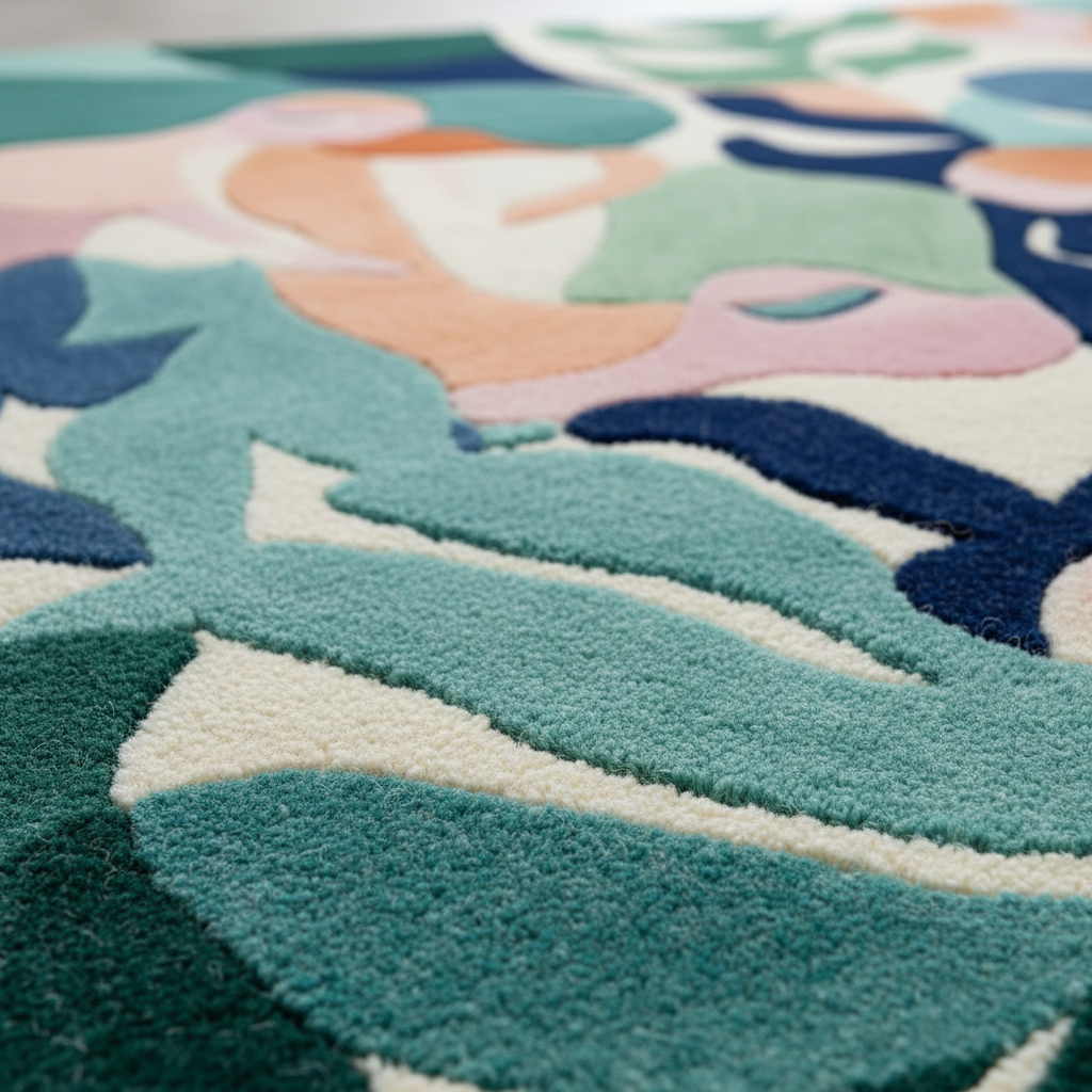 Close-up of a colorful floral-patterned rug with a focus on green and pink hues.