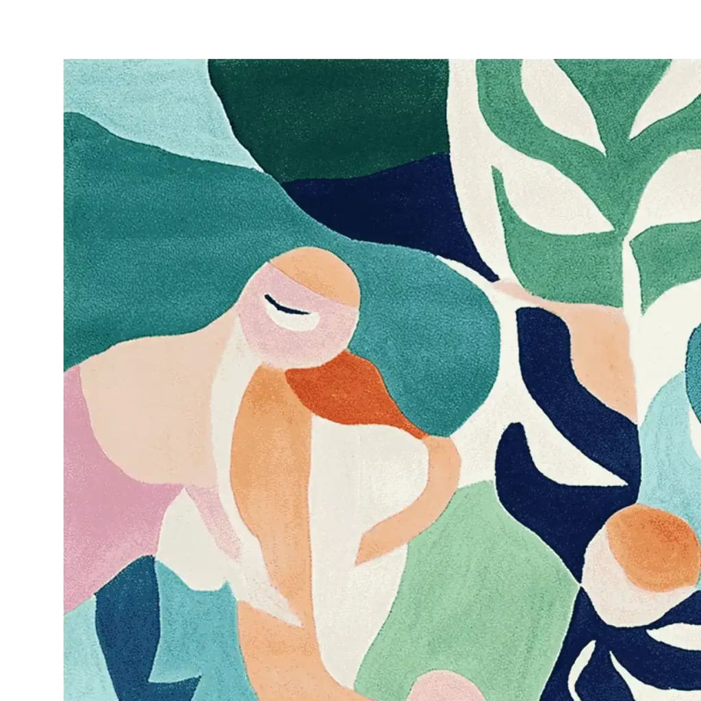 A vibrant area rug featuring an abstract design with colorful, fluid shapes in shades of blue, green, orange, and pink. This contemporary rug, ideal for living rooms, is hand-tufted from wool, offering a modern and artistic touch to any space.