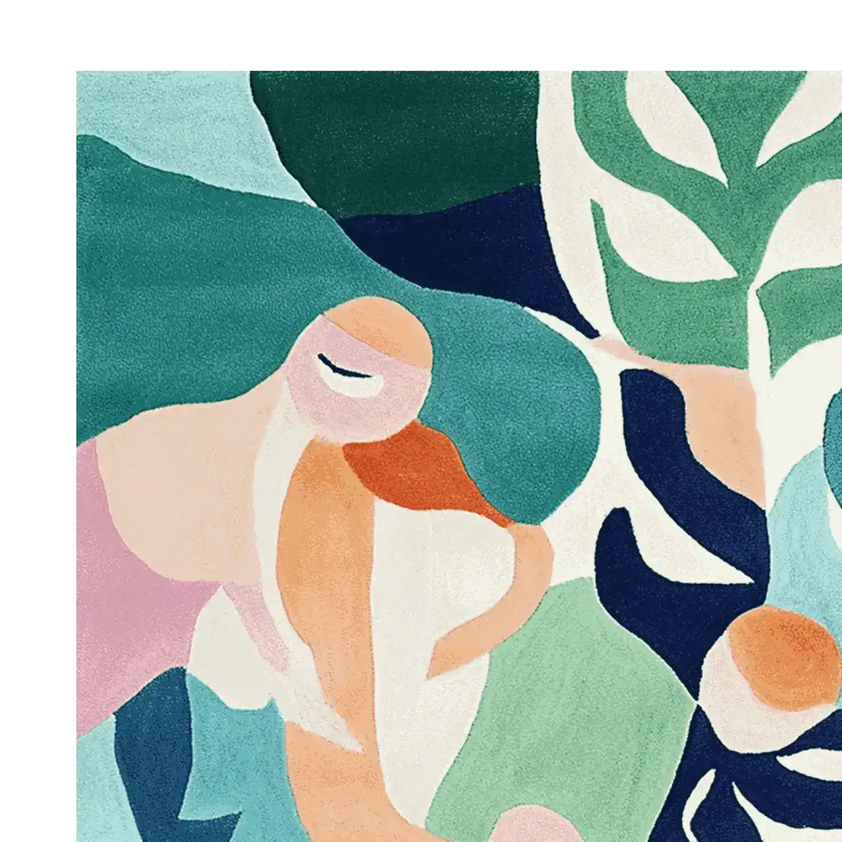 A vibrant area rug featuring an abstract design with colorful, fluid shapes in shades of blue, green, orange, and pink. This contemporary rug, ideal for living rooms, is hand-tufted from wool, offering a modern and artistic touch to any space.