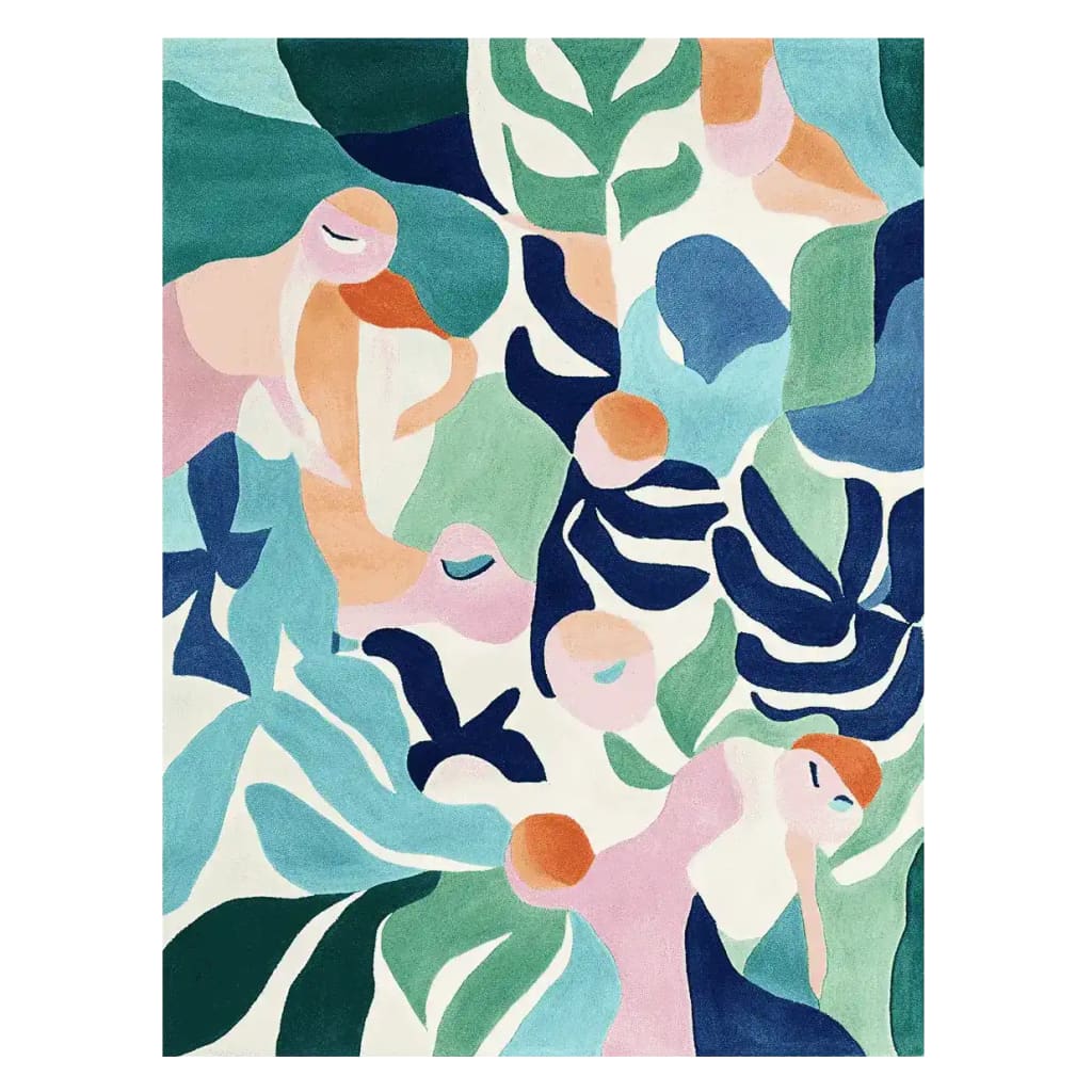A vibrant area rug featuring a contemporary design with abstract shapes in shades of blue, green, and peach. This wool rug is perfect for adding a modern touch to any living room.